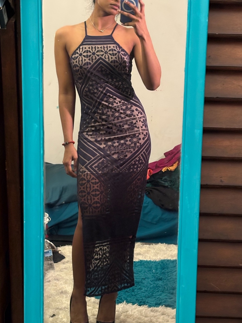 Sheer Black Patterned Midi Dress with Halter Neck